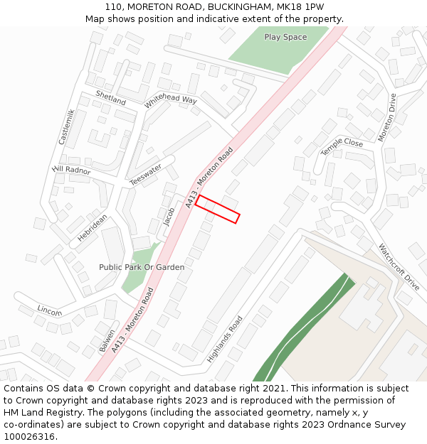 110, MORETON ROAD, BUCKINGHAM, MK18 1PW: Location map and indicative extent of plot