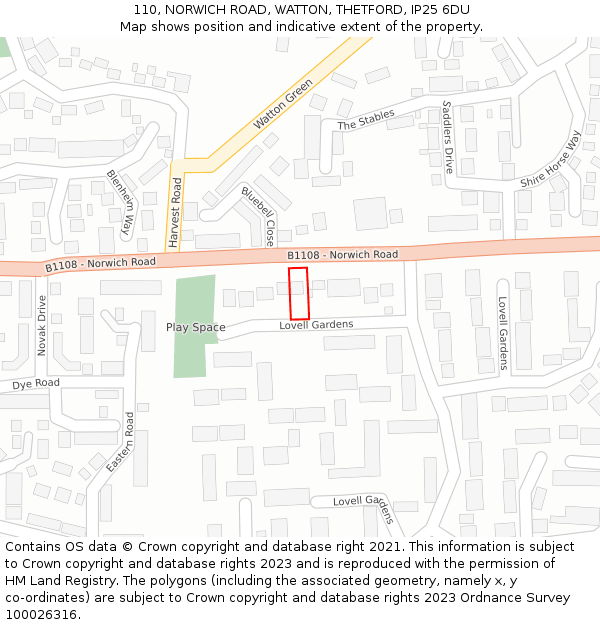 110, NORWICH ROAD, WATTON, THETFORD, IP25 6DU: Location map and indicative extent of plot