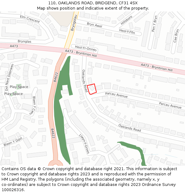 110, OAKLANDS ROAD, BRIDGEND, CF31 4SX: Location map and indicative extent of plot