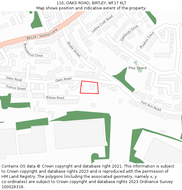 110, OAKS ROAD, BATLEY, WF17 6LT: Location map and indicative extent of plot