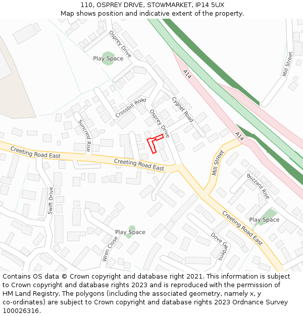 110, OSPREY DRIVE, STOWMARKET, IP14 5UX: Location map and indicative extent of plot