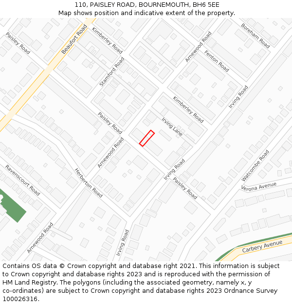 110, PAISLEY ROAD, BOURNEMOUTH, BH6 5EE: Location map and indicative extent of plot