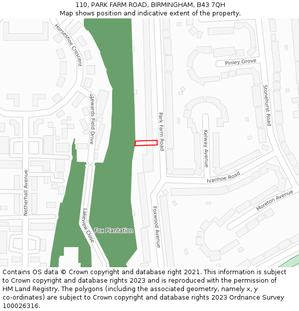 110, PARK FARM ROAD, BIRMINGHAM, B43 7QH: Location map and indicative extent of plot