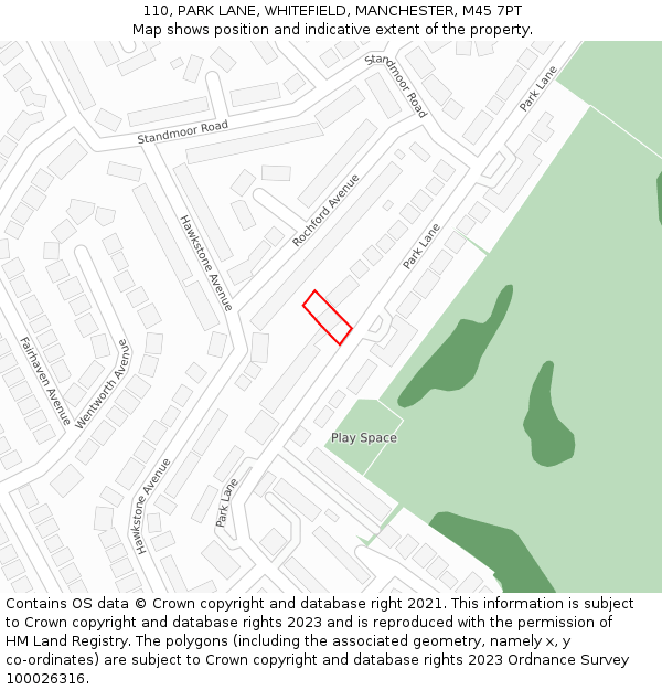 110, PARK LANE, WHITEFIELD, MANCHESTER, M45 7PT: Location map and indicative extent of plot