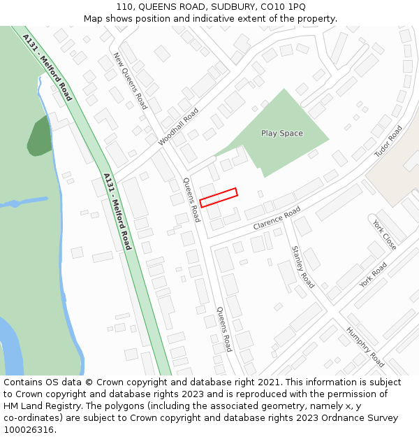 110, QUEENS ROAD, SUDBURY, CO10 1PQ: Location map and indicative extent of plot