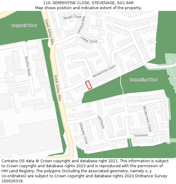 110, SERPENTINE CLOSE, STEVENAGE, SG1 6AR: Location map and indicative extent of plot