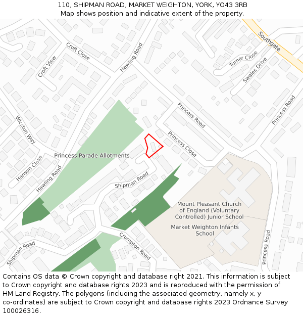 110, SHIPMAN ROAD, MARKET WEIGHTON, YORK, YO43 3RB: Location map and indicative extent of plot