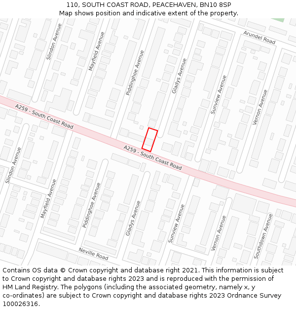 110, SOUTH COAST ROAD, PEACEHAVEN, BN10 8SP: Location map and indicative extent of plot