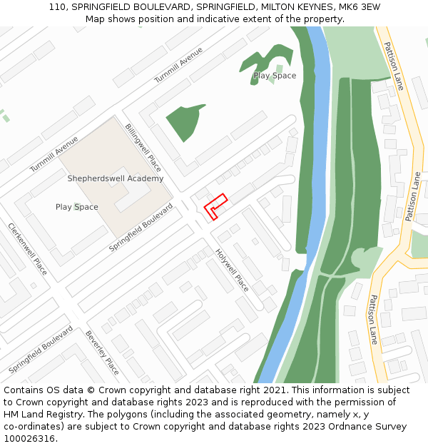 110, SPRINGFIELD BOULEVARD, SPRINGFIELD, MILTON KEYNES, MK6 3EW: Location map and indicative extent of plot