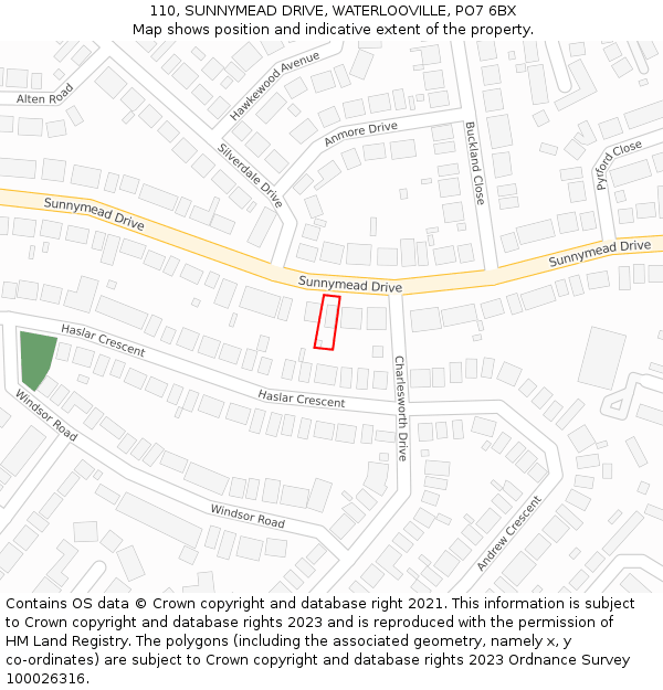 110, SUNNYMEAD DRIVE, WATERLOOVILLE, PO7 6BX: Location map and indicative extent of plot