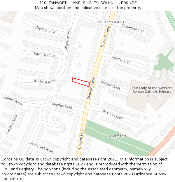 110, TANWORTH LANE, SHIRLEY, SOLIHULL, B90 4DF: Location map and indicative extent of plot