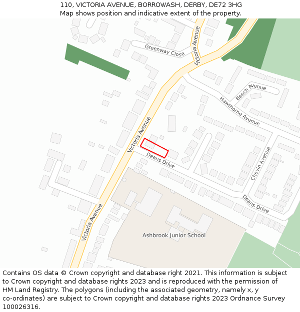 110, VICTORIA AVENUE, BORROWASH, DERBY, DE72 3HG: Location map and indicative extent of plot