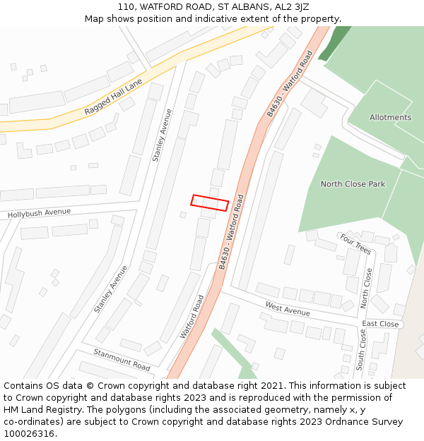 110, WATFORD ROAD, ST ALBANS, AL2 3JZ: Location map and indicative extent of plot