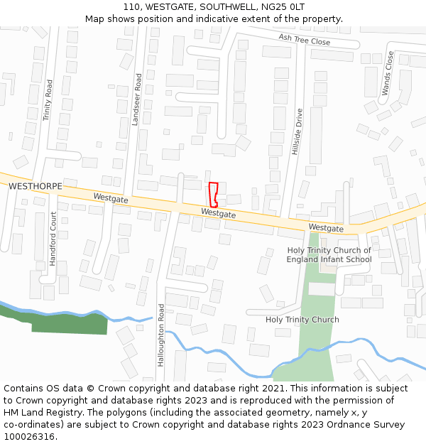 110, WESTGATE, SOUTHWELL, NG25 0LT: Location map and indicative extent of plot