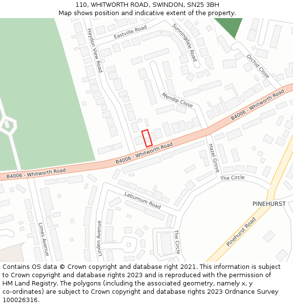 110, WHITWORTH ROAD, SWINDON, SN25 3BH: Location map and indicative extent of plot