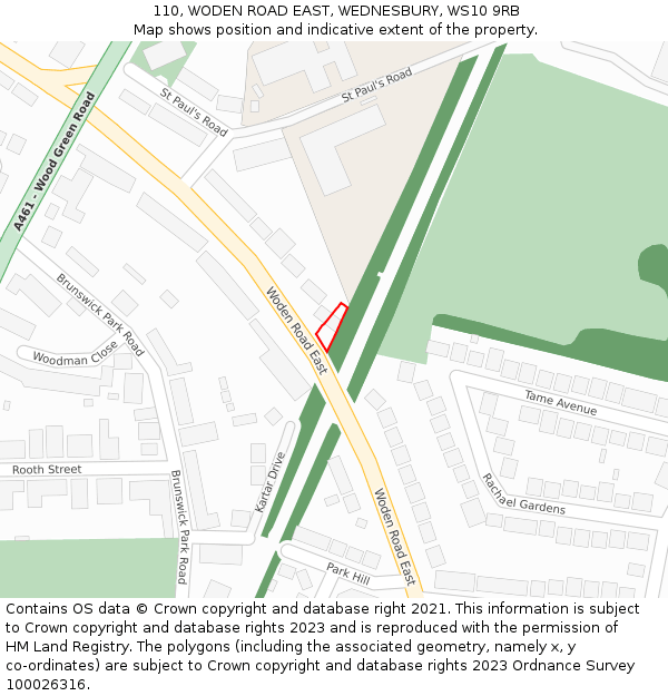 110, WODEN ROAD EAST, WEDNESBURY, WS10 9RB: Location map and indicative extent of plot