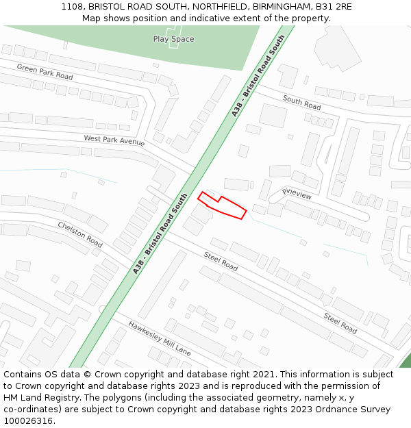 1108, BRISTOL ROAD SOUTH, NORTHFIELD, BIRMINGHAM, B31 2RE: Location map and indicative extent of plot