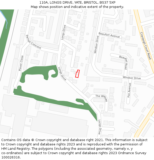 110A, LONGS DRIVE, YATE, BRISTOL, BS37 5XP: Location map and indicative extent of plot