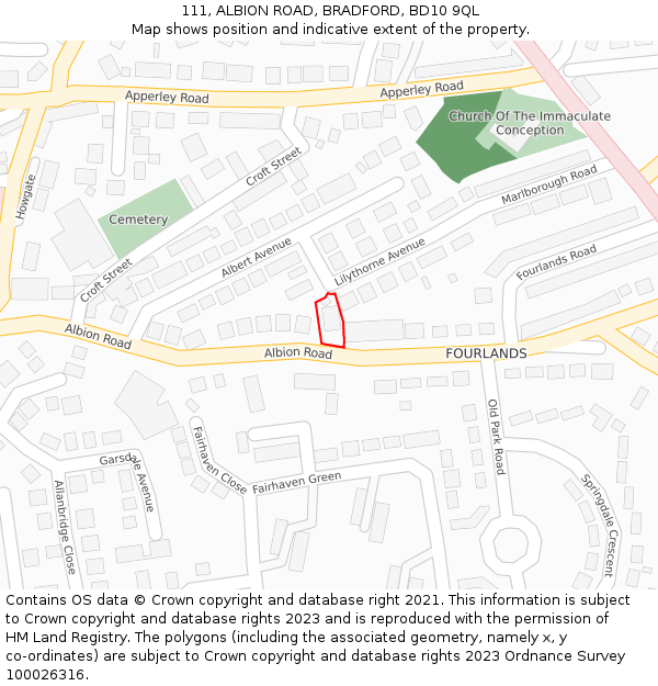 111, ALBION ROAD, BRADFORD, BD10 9QL: Location map and indicative extent of plot