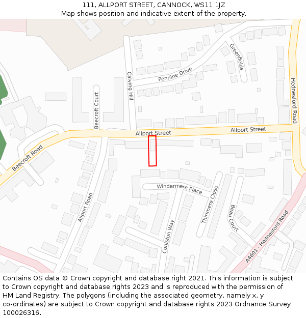 111, ALLPORT STREET, CANNOCK, WS11 1JZ: Location map and indicative extent of plot