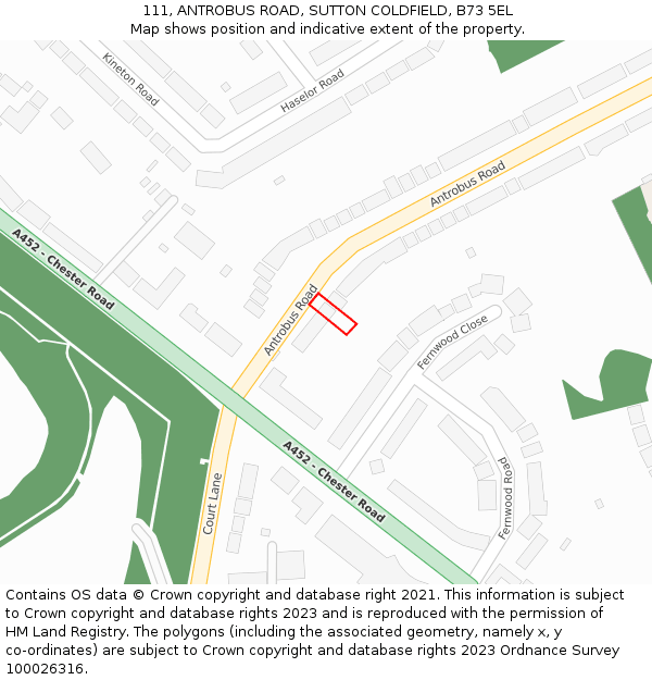 111, ANTROBUS ROAD, SUTTON COLDFIELD, B73 5EL: Location map and indicative extent of plot