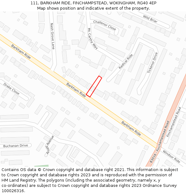111, BARKHAM RIDE, FINCHAMPSTEAD, WOKINGHAM, RG40 4EP: Location map and indicative extent of plot