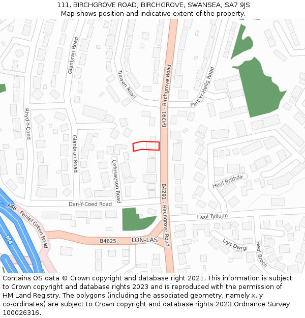 111, BIRCHGROVE ROAD, BIRCHGROVE, SWANSEA, SA7 9JS: Location map and indicative extent of plot