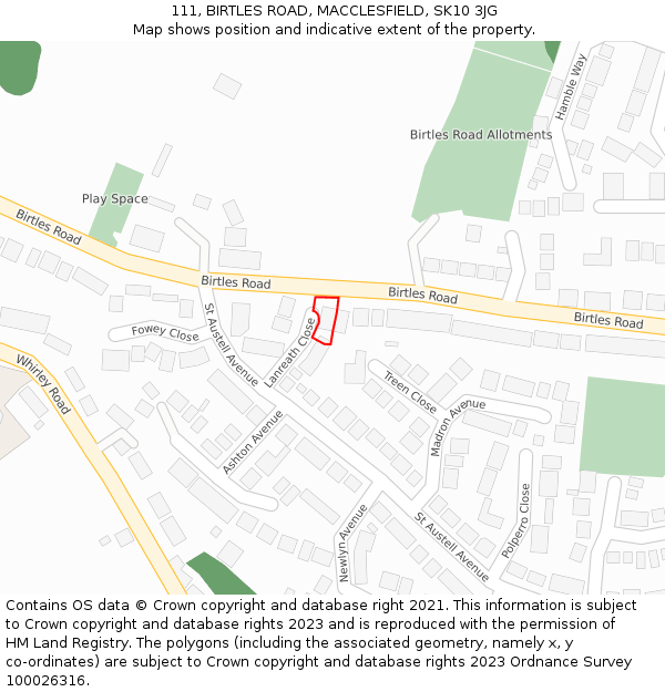 111, BIRTLES ROAD, MACCLESFIELD, SK10 3JG: Location map and indicative extent of plot