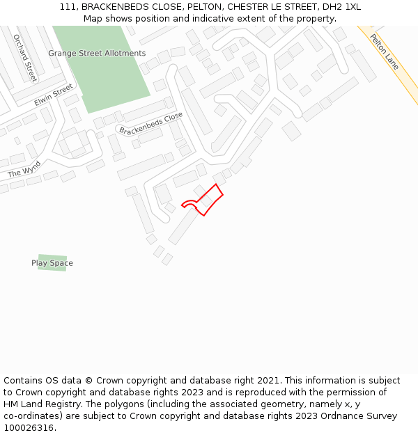 111, BRACKENBEDS CLOSE, PELTON, CHESTER LE STREET, DH2 1XL: Location map and indicative extent of plot