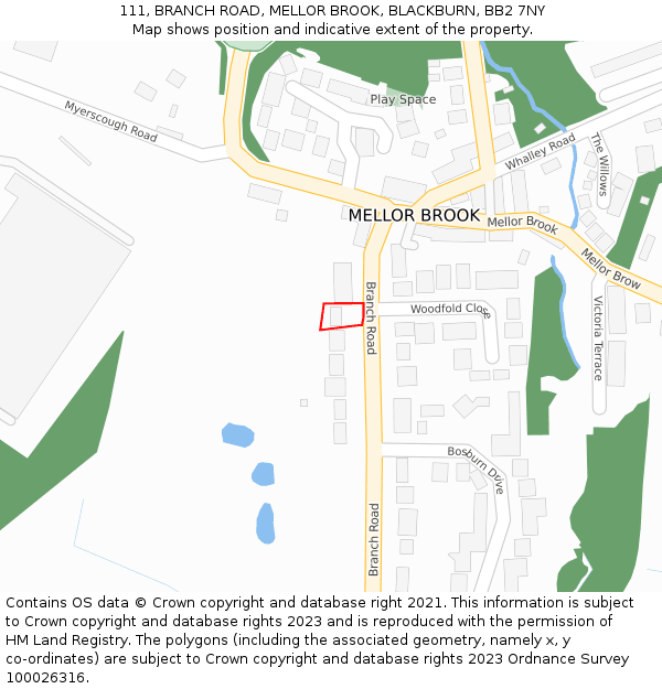 111, BRANCH ROAD, MELLOR BROOK, BLACKBURN, BB2 7NY: Location map and indicative extent of plot