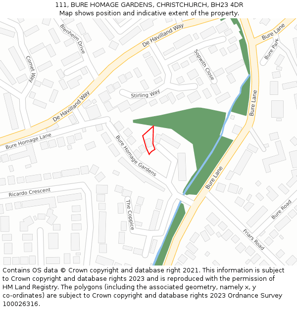 111, BURE HOMAGE GARDENS, CHRISTCHURCH, BH23 4DR: Location map and indicative extent of plot