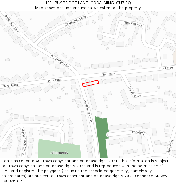 111, BUSBRIDGE LANE, GODALMING, GU7 1QJ: Location map and indicative extent of plot