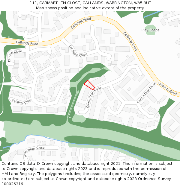 111, CARMARTHEN CLOSE, CALLANDS, WARRINGTON, WA5 9UT: Location map and indicative extent of plot