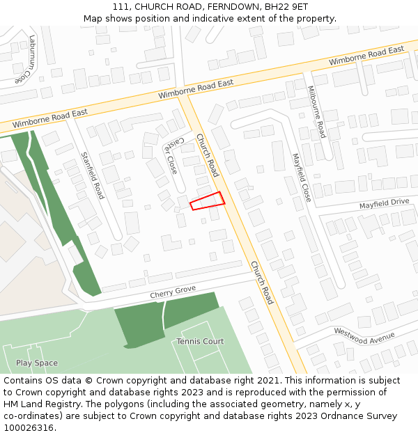 111, CHURCH ROAD, FERNDOWN, BH22 9ET: Location map and indicative extent of plot