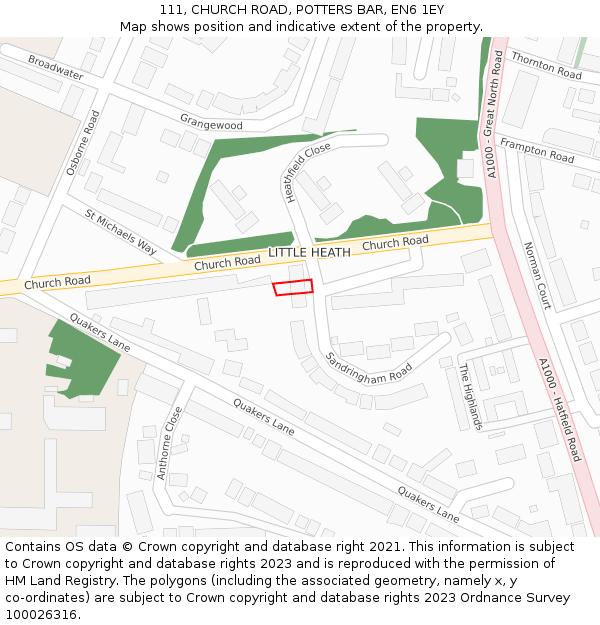 111, CHURCH ROAD, POTTERS BAR, EN6 1EY: Location map and indicative extent of plot