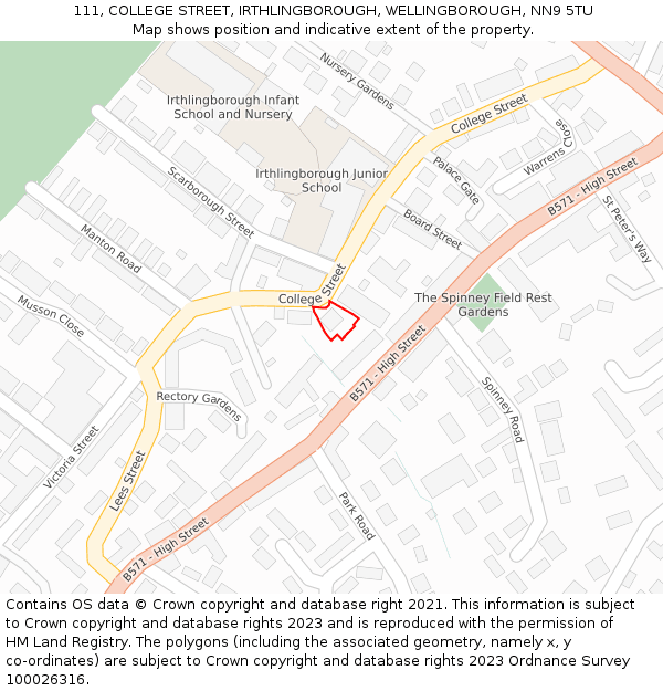 111, COLLEGE STREET, IRTHLINGBOROUGH, WELLINGBOROUGH, NN9 5TU: Location map and indicative extent of plot