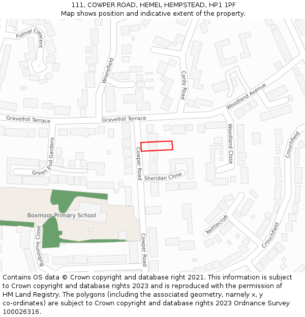 111, COWPER ROAD, HEMEL HEMPSTEAD, HP1 1PF: Location map and indicative extent of plot