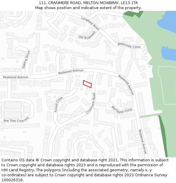 111, CRANMERE ROAD, MELTON MOWBRAY, LE13 1TA: Location map and indicative extent of plot