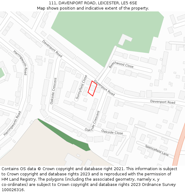 111, DAVENPORT ROAD, LEICESTER, LE5 6SE: Location map and indicative extent of plot