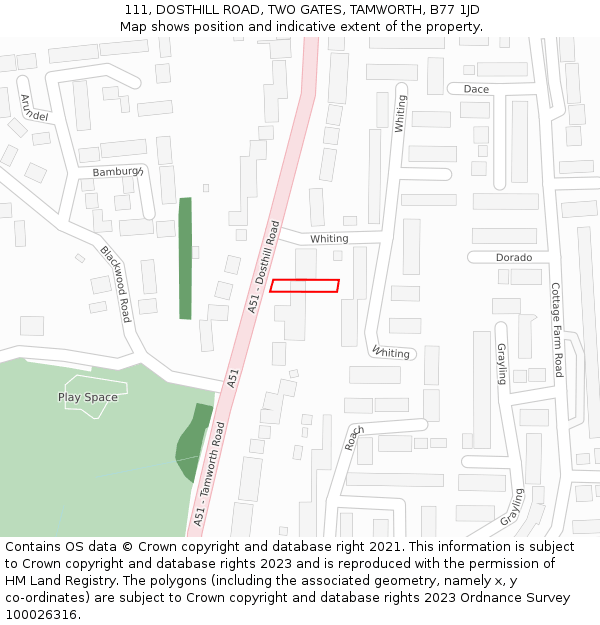 111, DOSTHILL ROAD, TWO GATES, TAMWORTH, B77 1JD: Location map and indicative extent of plot