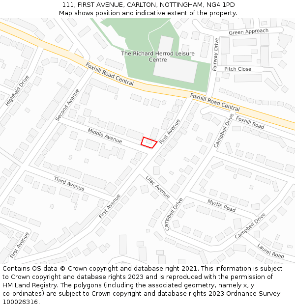 111, FIRST AVENUE, CARLTON, NOTTINGHAM, NG4 1PD: Location map and indicative extent of plot