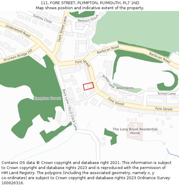 111, FORE STREET, PLYMPTON, PLYMOUTH, PL7 1ND: Location map and indicative extent of plot