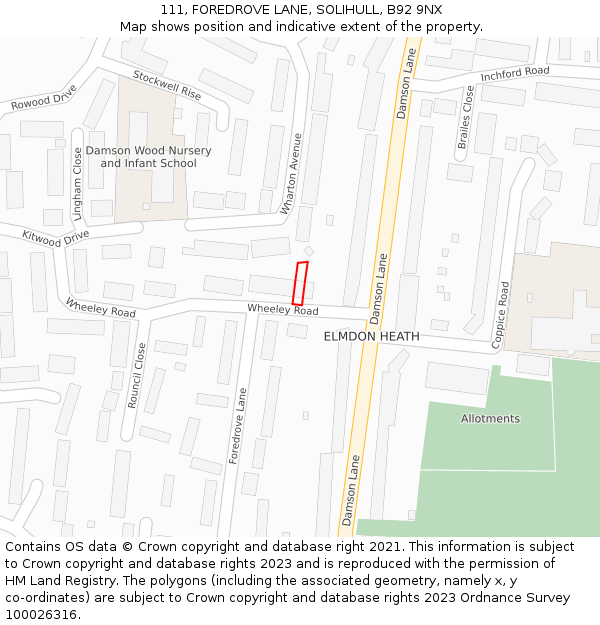 111, FOREDROVE LANE, SOLIHULL, B92 9NX: Location map and indicative extent of plot