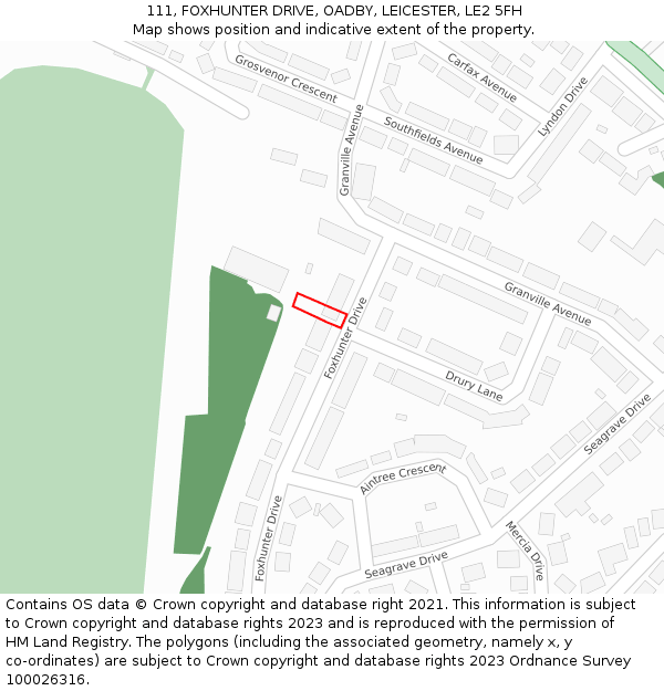 111, FOXHUNTER DRIVE, OADBY, LEICESTER, LE2 5FH: Location map and indicative extent of plot
