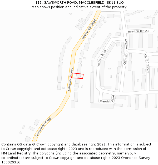 111, GAWSWORTH ROAD, MACCLESFIELD, SK11 8UQ: Location map and indicative extent of plot