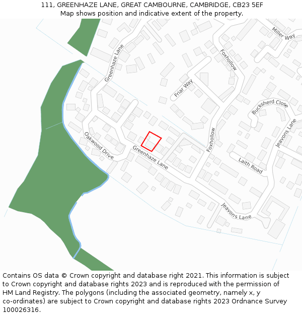 111, GREENHAZE LANE, GREAT CAMBOURNE, CAMBRIDGE, CB23 5EF: Location map and indicative extent of plot