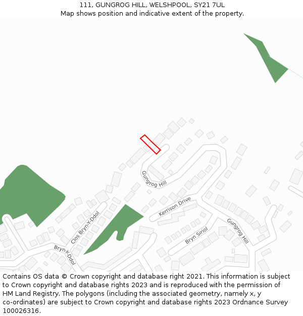 111, GUNGROG HILL, WELSHPOOL, SY21 7UL: Location map and indicative extent of plot