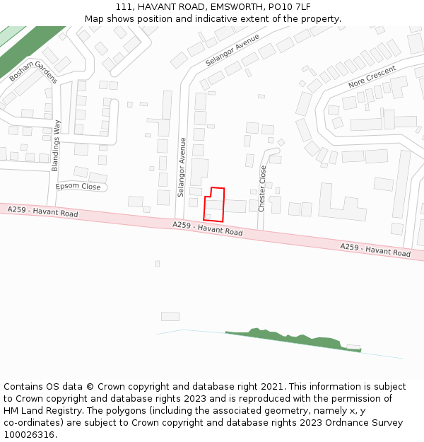 111, HAVANT ROAD, EMSWORTH, PO10 7LF: Location map and indicative extent of plot