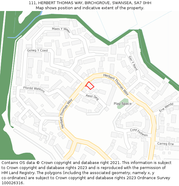 111, HERBERT THOMAS WAY, BIRCHGROVE, SWANSEA, SA7 0HH: Location map and indicative extent of plot