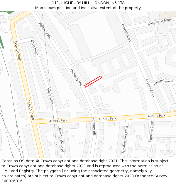 111, HIGHBURY HILL, LONDON, N5 1TA: Location map and indicative extent of plot